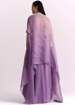 Lavendar Embroidered Crop Top And Sequin Work Jacket With Draped Skirt