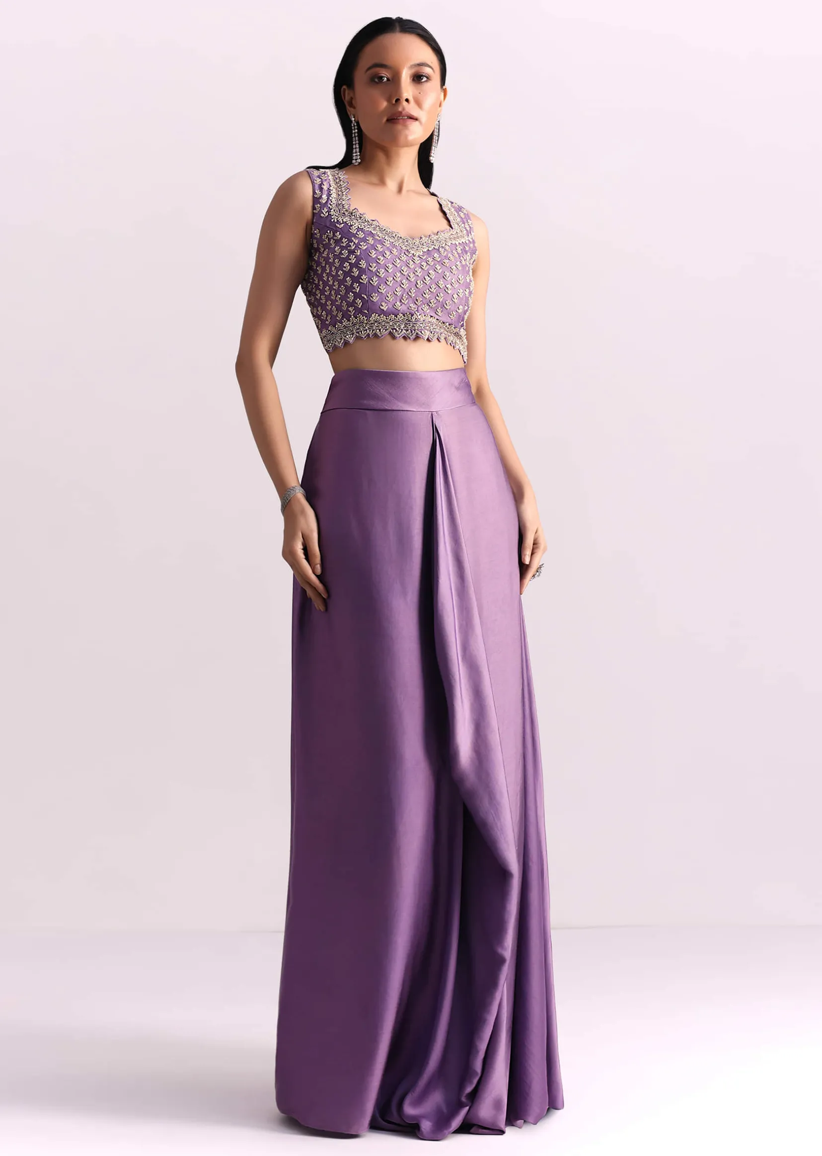 Lavendar Embroidered Crop Top And Sequin Work Jacket With Draped Skirt