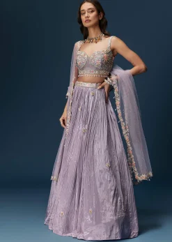 Lavender Bridesmaid Lehenga With Sweetheart Neckline Blouse And Embroidered Dupatta