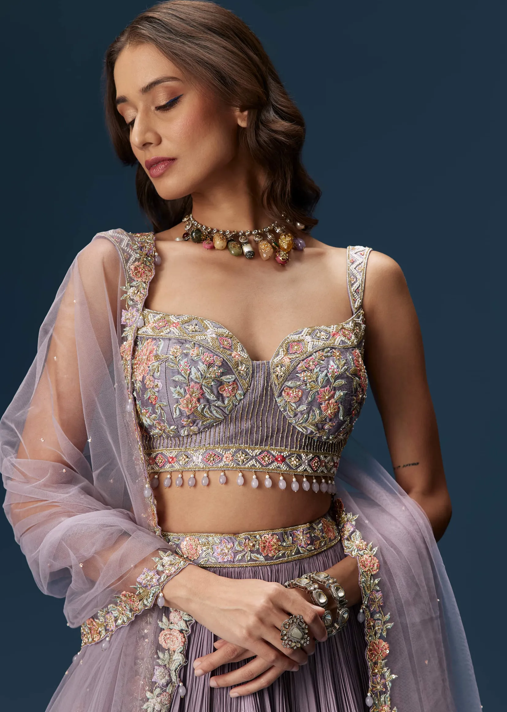 Lavender Bridesmaid Lehenga With Sweetheart Neckline Blouse And Embroidered Dupatta