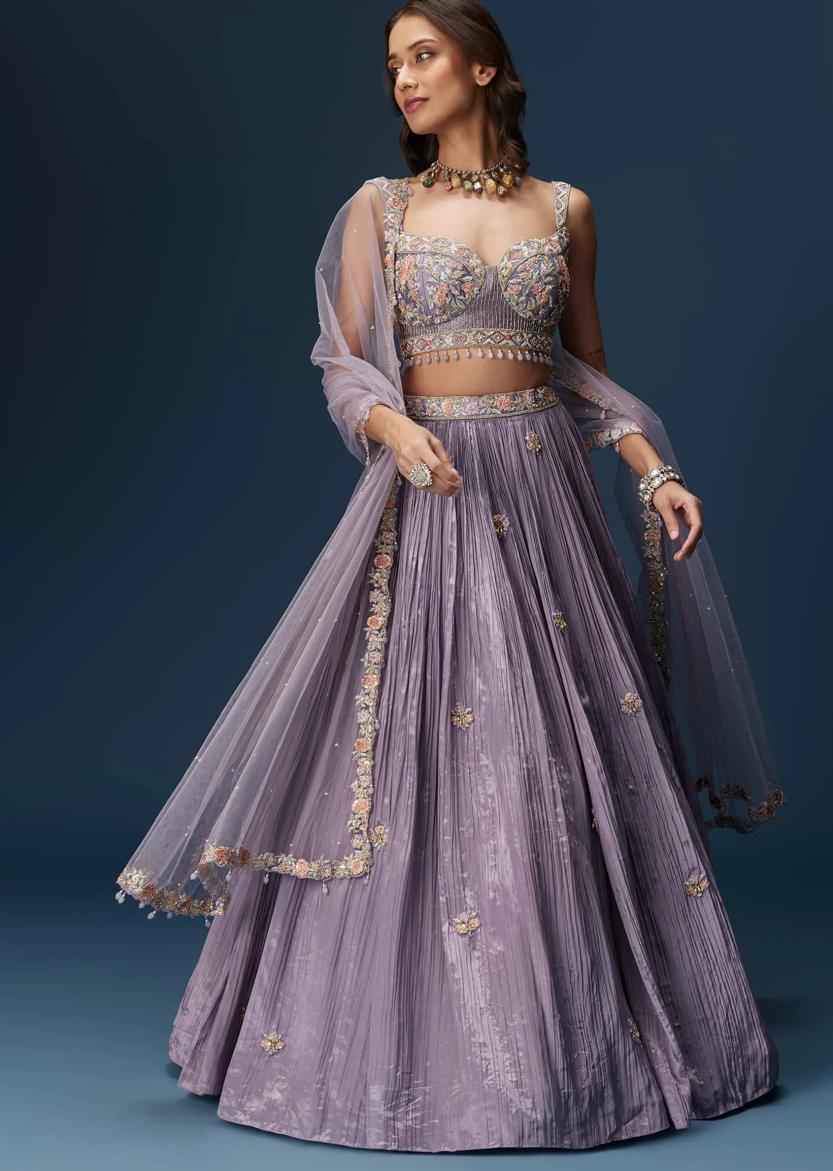 Lavender Bridesmaid Lehenga With Sweetheart Neckline Blouse And Embroidered Dupatta