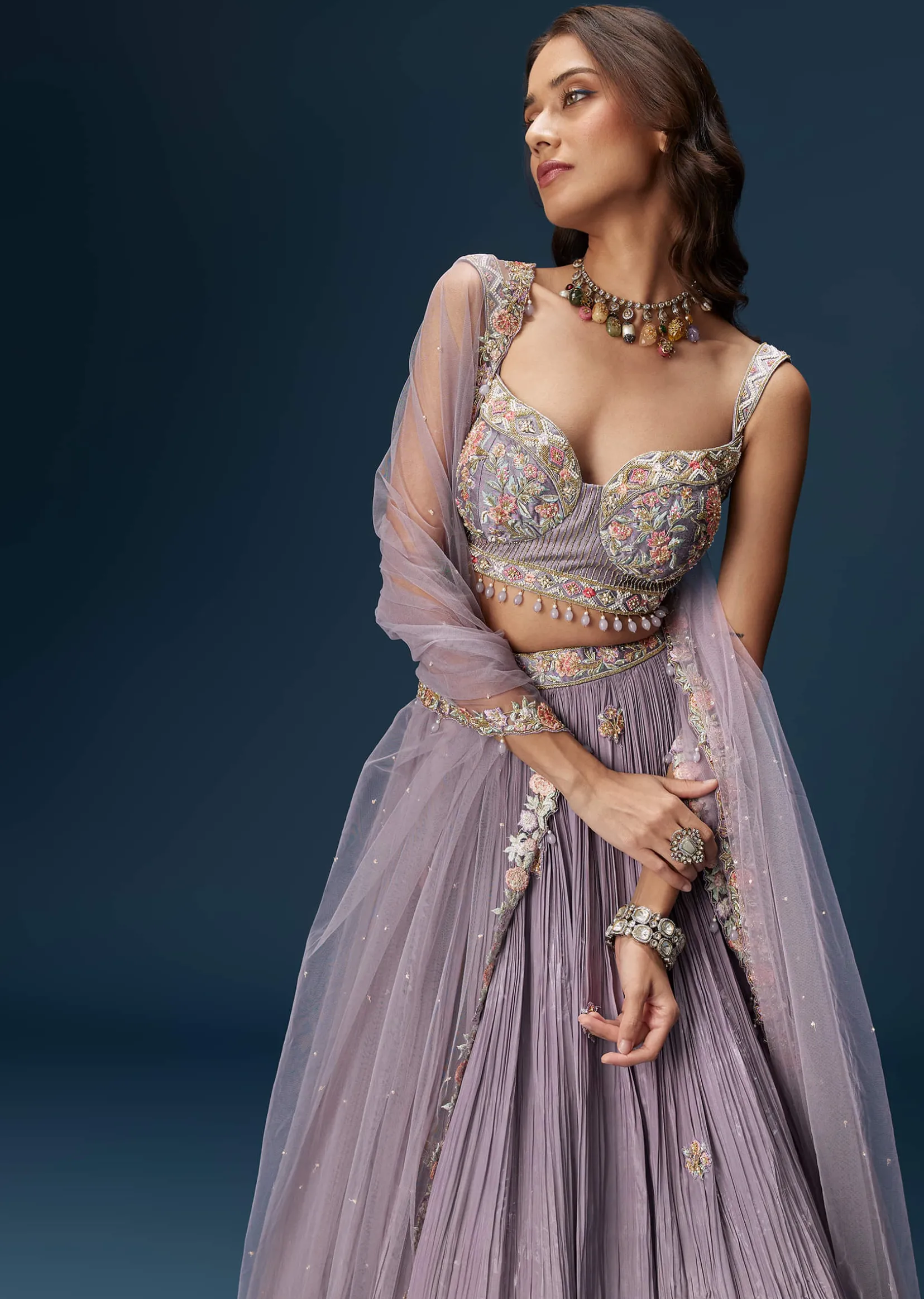 Lavender Bridesmaid Lehenga With Sweetheart Neckline Blouse And Embroidered Dupatta