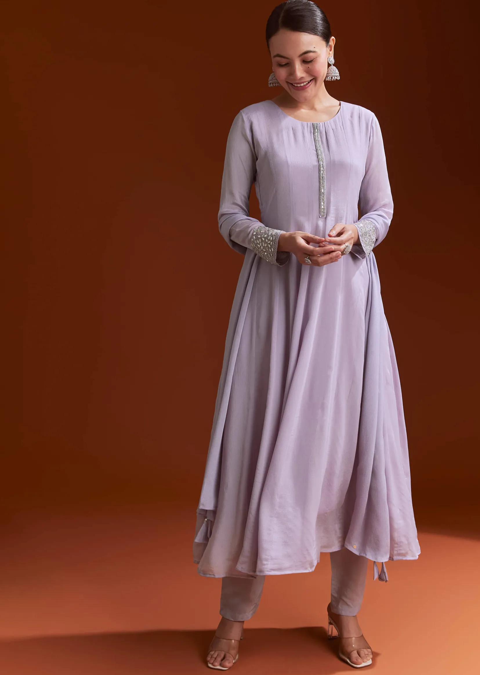 Lavender Chinon Anarkali Suit With Beads And Stone Work