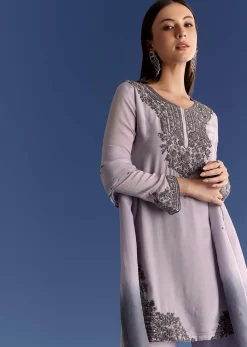 Lavender Chinon Beaded Work Kurta Set And Ombre Dupatta