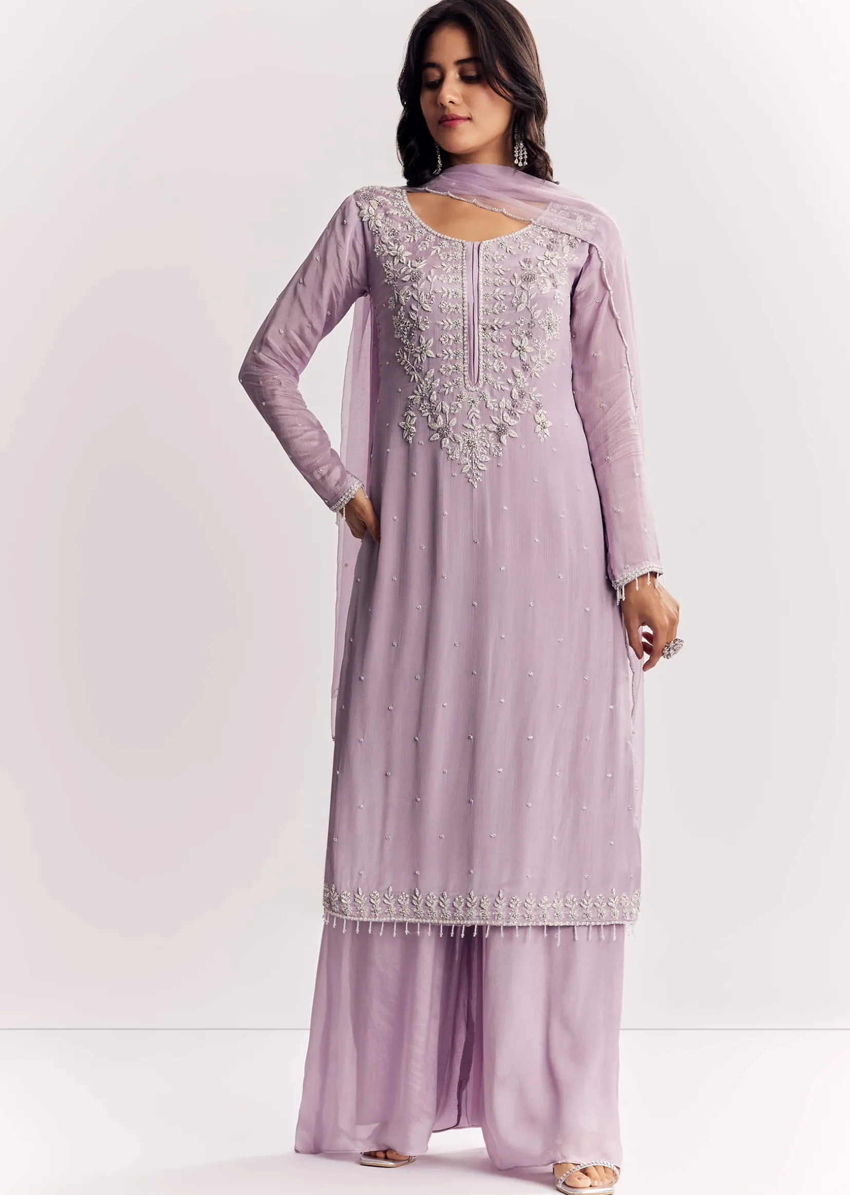 Lavender Chinon Kurta Palazzo Suit With Zardosi And Cutdana Dupatta