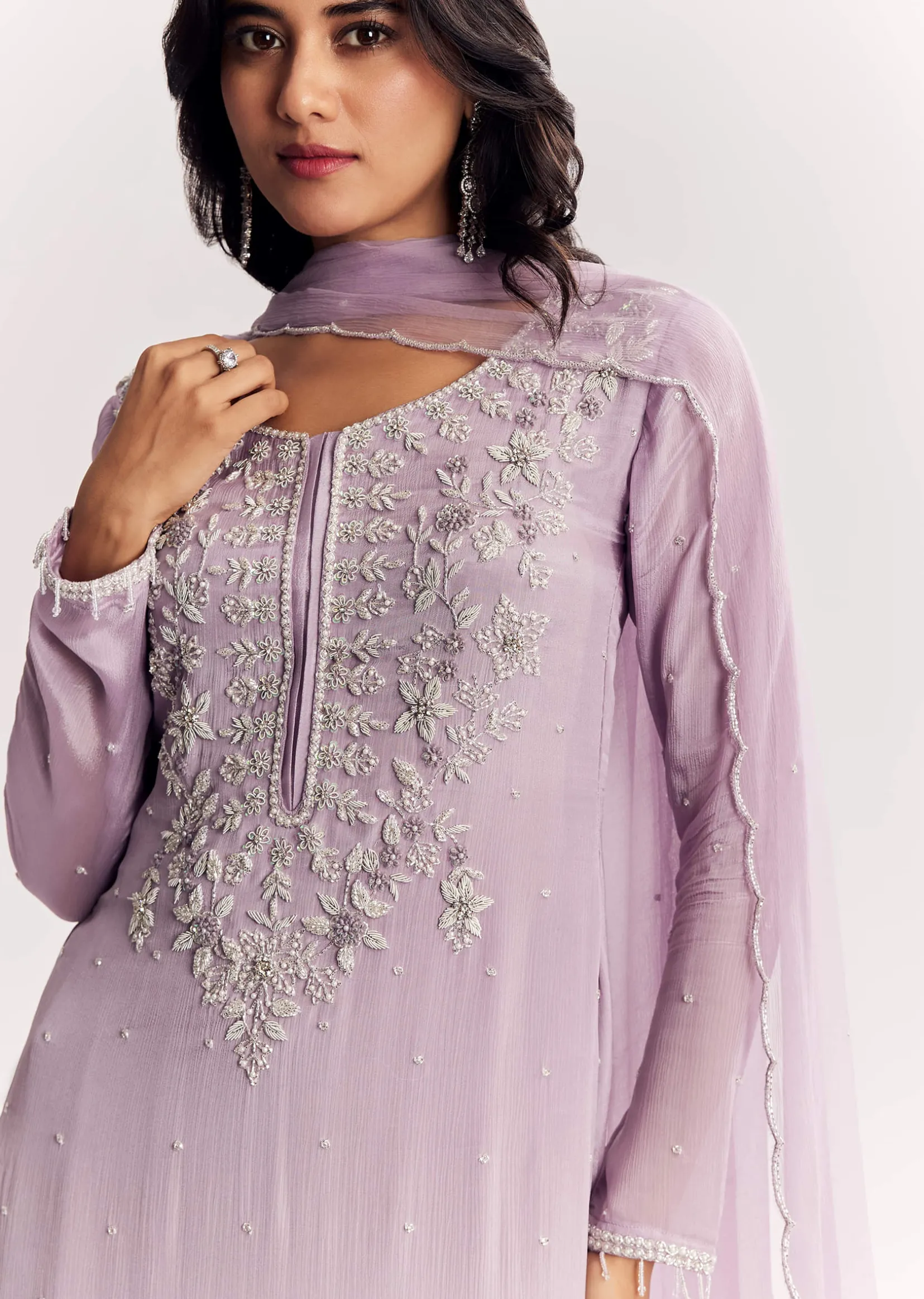 Lavender Chinon Kurta Palazzo Suit With Zardosi And Cutdana Dupatta