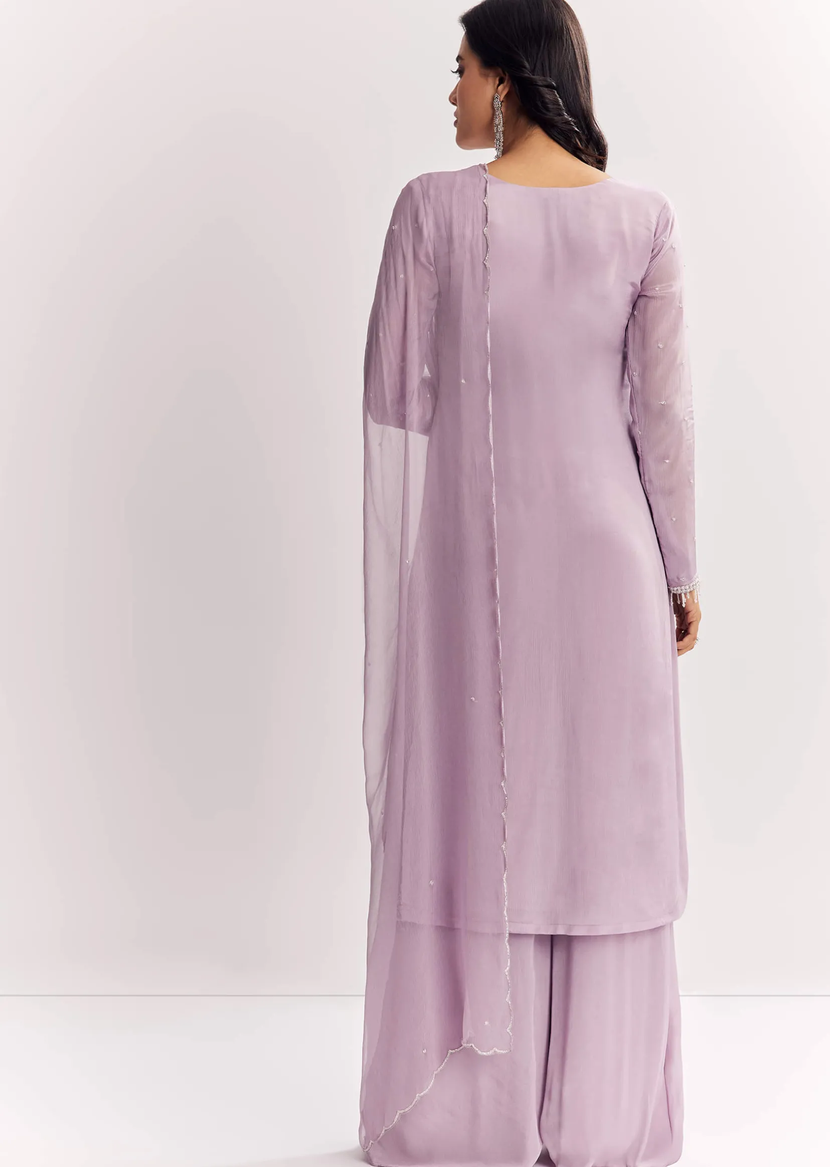 Lavender Chinon Kurta Palazzo Suit With Zardosi And Cutdana Dupatta