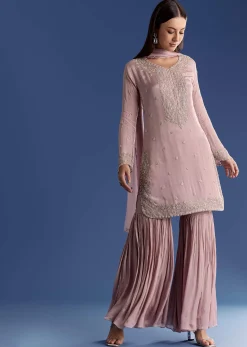 Lavender Chinon Kurta Set With Moti And Cutdana Dupatta