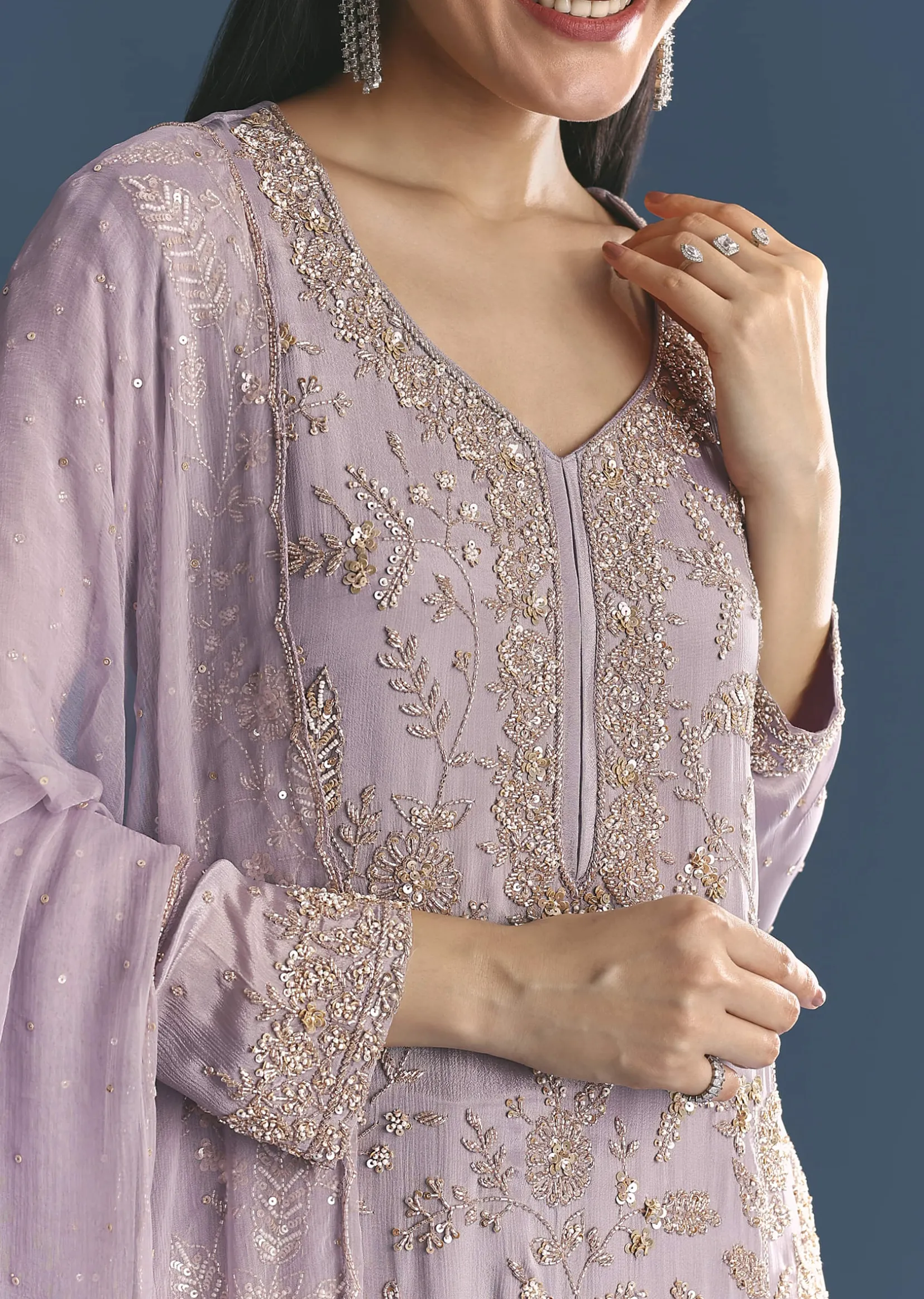 Lavender Chinon Kurta Sharara With Cutdana Dupatta