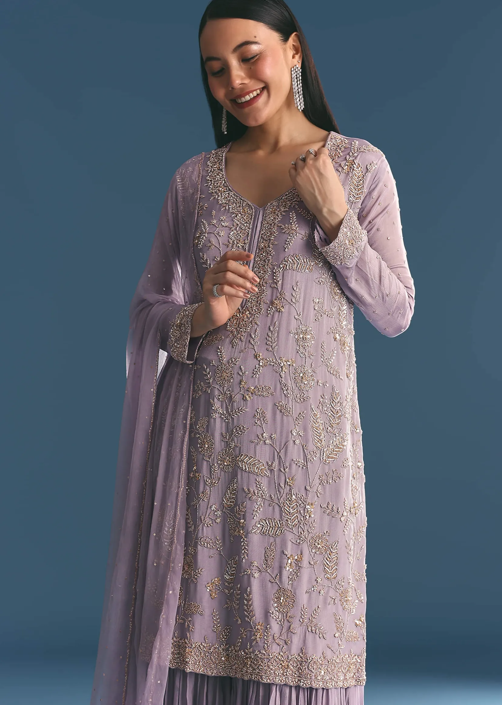 Lavender Chinon Kurta Sharara With Cutdana Dupatta