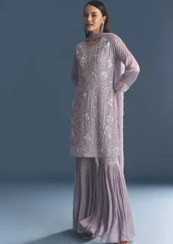 Lavender Chinon Kurta Sharara Suit With Moti Work