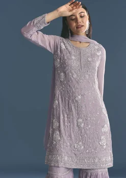 Lavender Chinon Kurta Sharara Suit With Moti Work