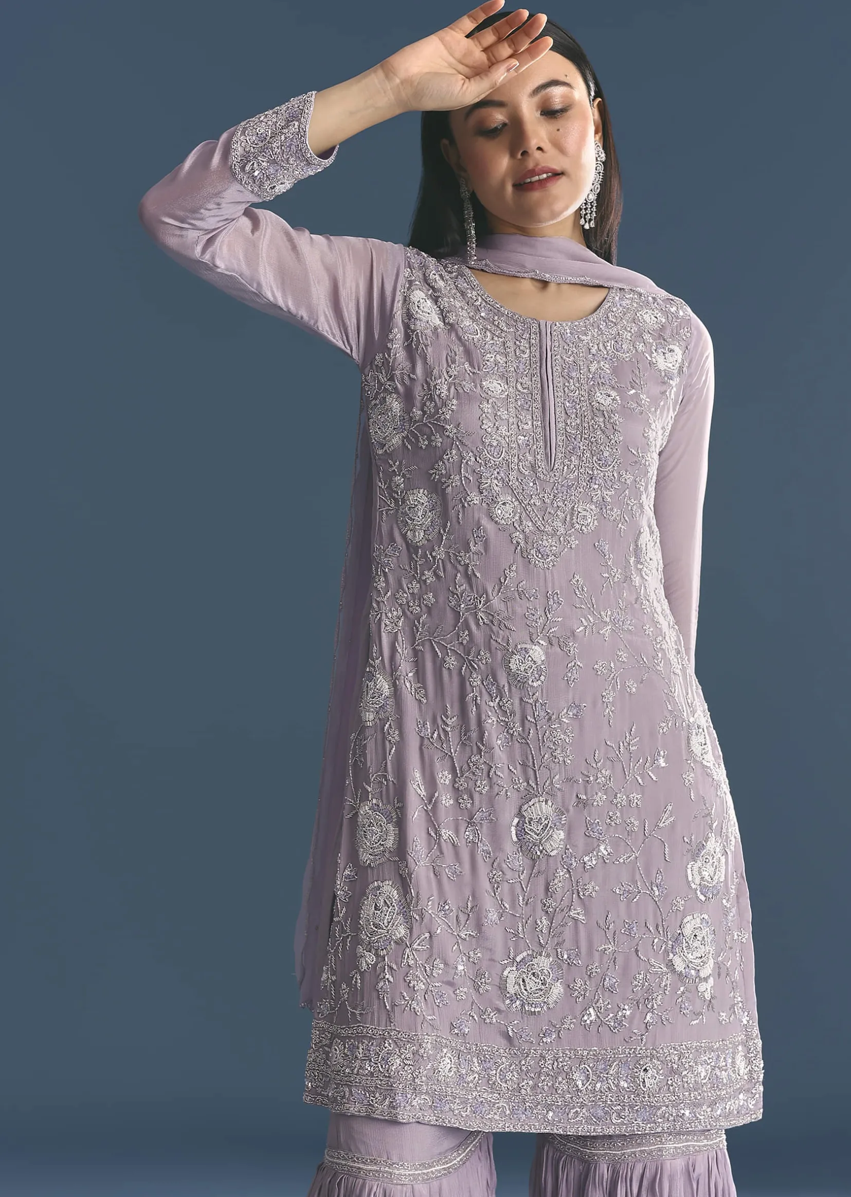 Lavender Chinon Kurta Sharara Suit With Moti Work