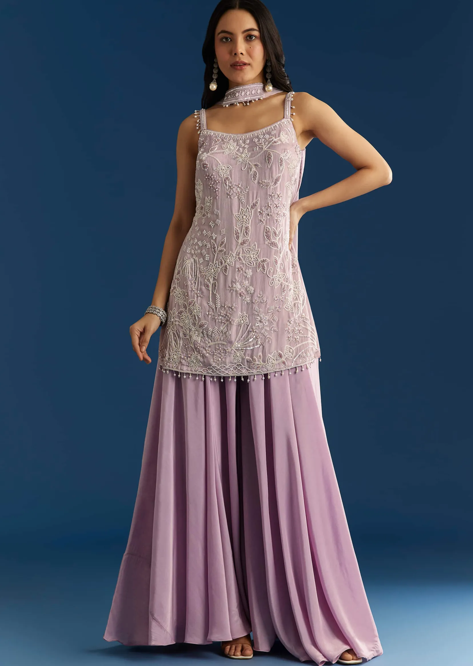 Lavender Chinon Moti Sequin Palazzo Set With Choker Style Dupatta