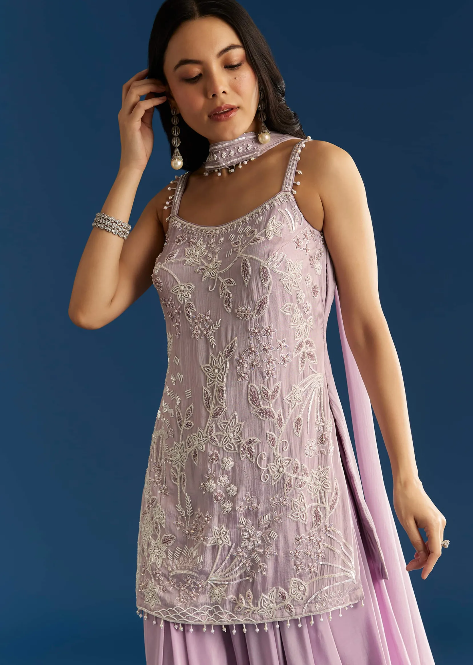 Lavender Chinon Moti Sequin Palazzo Set With Choker Style Dupatta