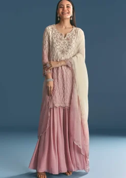 Lavender Chinon Ombre Kurta Palazzo Suit With Sequins Thread Work
