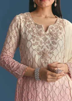 Lavender Chinon Ombre Kurta Palazzo Suit With Sequins Thread Work