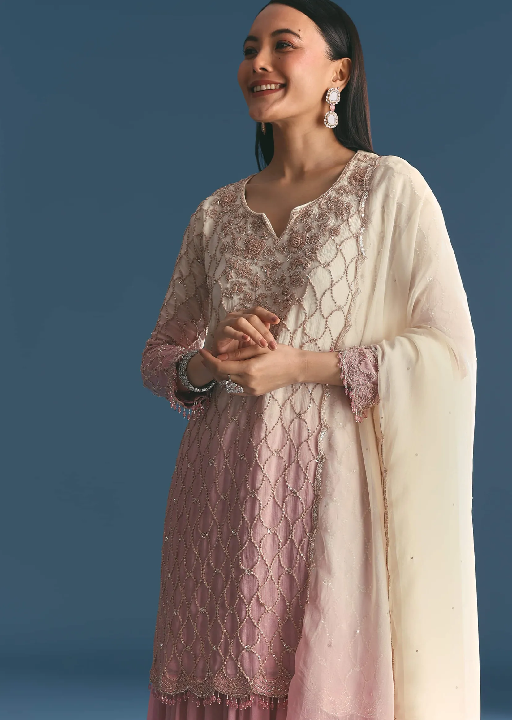Lavender Chinon Ombre Kurta Palazzo Suit With Sequins Thread Work