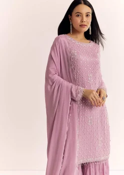 Lavender Chinon Sharara Suit With Cutdana Moti And Sequins