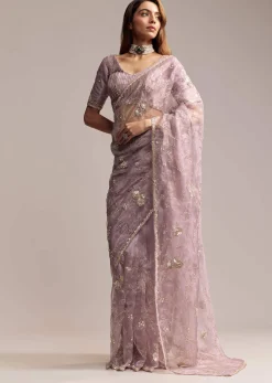 Lavender Crush Tissue Saree With Floral Embroidery