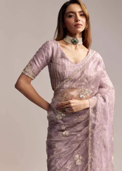 Lavender Crush Tissue Saree With Floral Embroidery