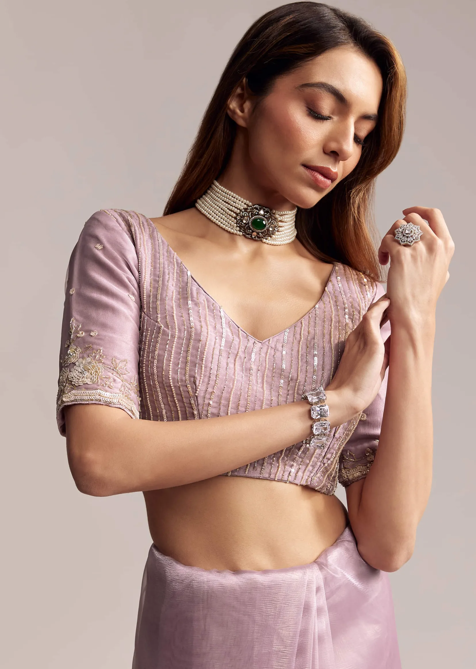 Lavender Crush Tissue Saree With Floral Embroidery