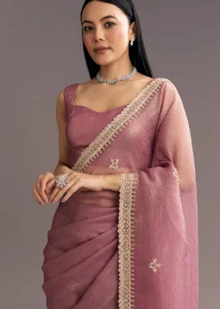 Lavender Crushed Tissue Saree With Stones And Cutdana Embroidery
