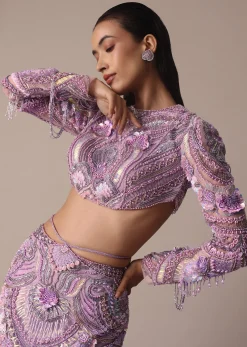Lavender 3D Ruffle Fish Cut Skirt And Crystal Blouse Set