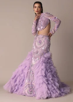 Lavender 3D Ruffle Fish Cut Skirt And Crystal Blouse Set