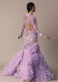 Lavender 3D Ruffle Fish Cut Skirt And Crystal Blouse Set