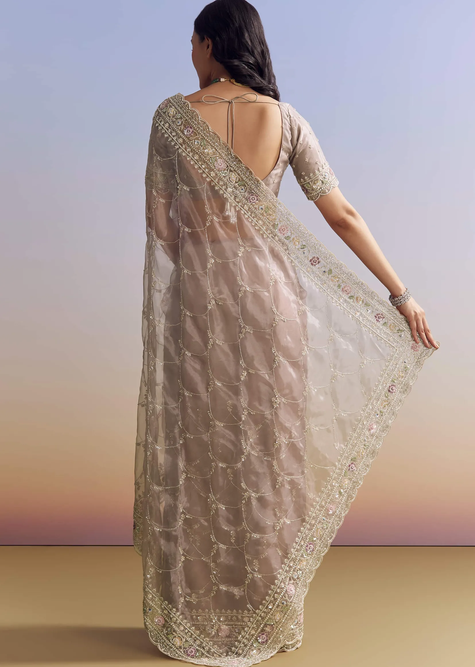 Lavender Glass Tissue Saree With Multicolor Sequins And Heavy Jaal