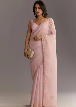 Lavender Glossy Finish Crushed Tissue Saree With Cutdana Moti Embroidery