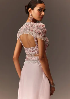 Lavender Hand Embroidered Blouse And Croped Cape With Drape Skirt