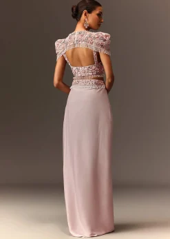 Lavender Hand Embroidered Blouse And Croped Cape With Drape Skirt
