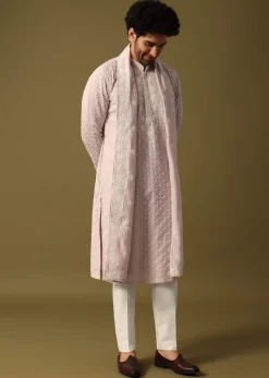 Lavender Kurta Pant Set With Dupatta In Resham Work For Men