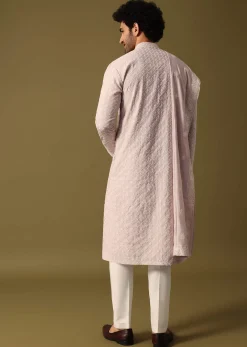Lavender Kurta Pant Set With Dupatta In Resham Work For Men