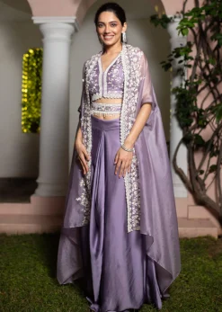 Lavender Moti Work Crop Top Suit Embroidered Jacket