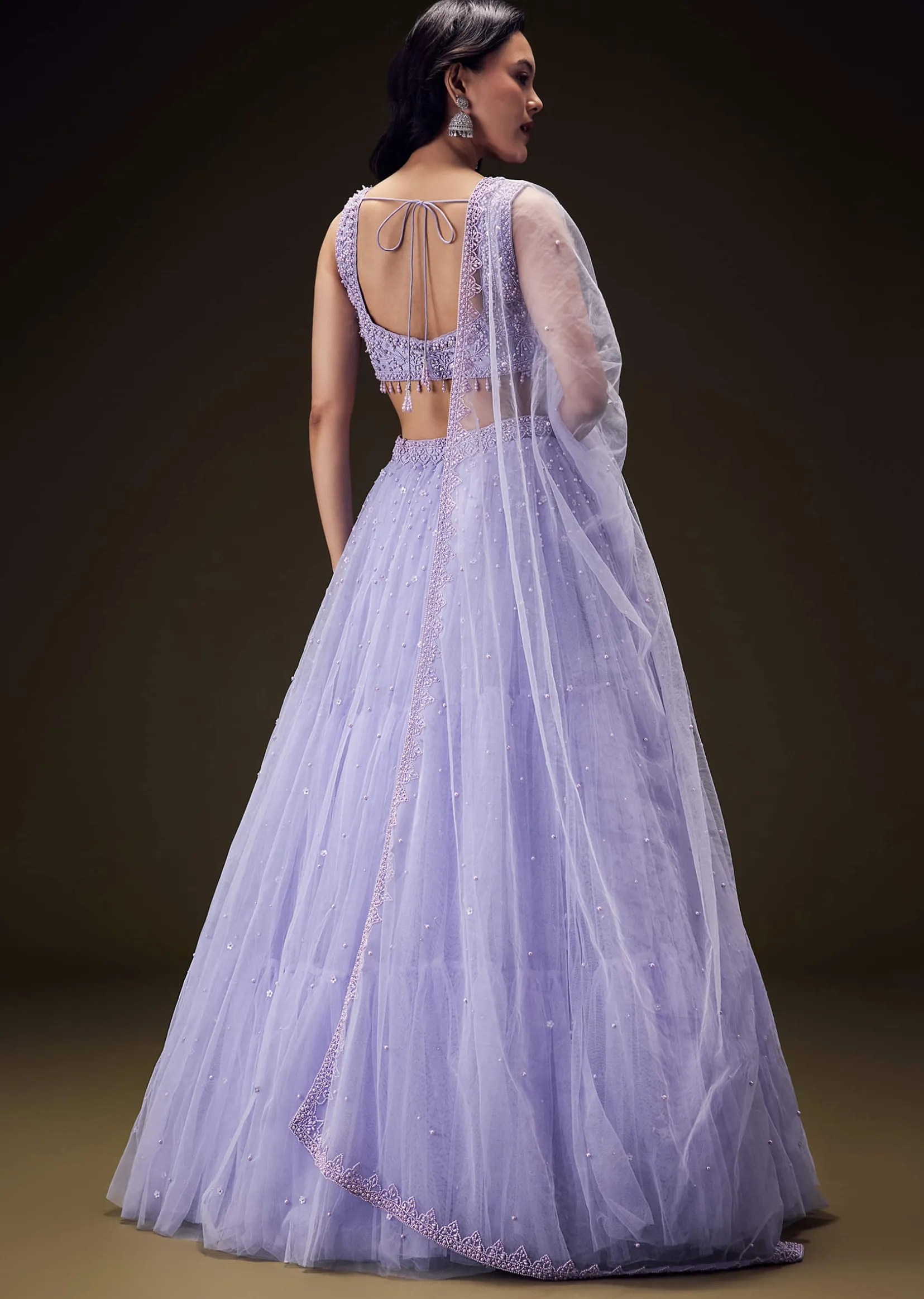 Lavender Net Hand Embroidered Pearl Work Lehenga Set