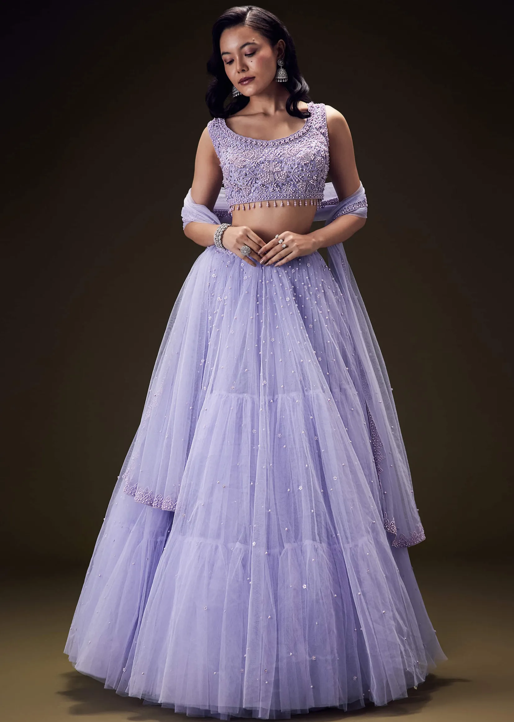 Lavender Net Hand Embroidered Pearl Work Lehenga Set