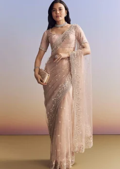 Lavender Net Saree With Scalloped Border