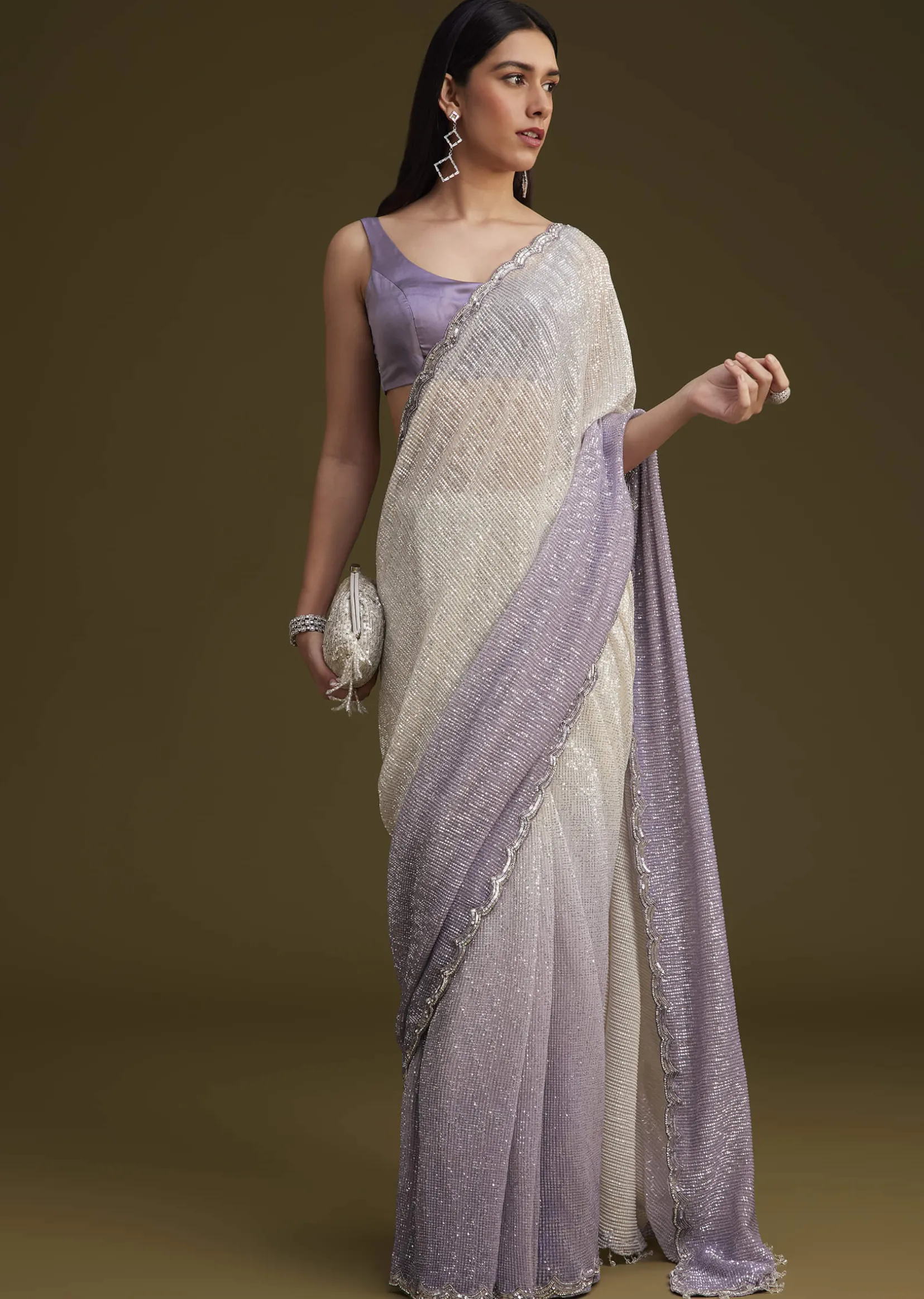 Lavender Ombre Sequins Saree With Scallop Embroidery Border