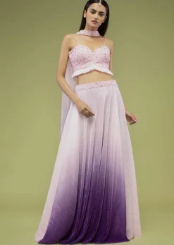 Lavender Ombre Skirt And Crop Top Set In The Crush, Paired With The Spaghetti Straps With A Sweet Heart Neckline