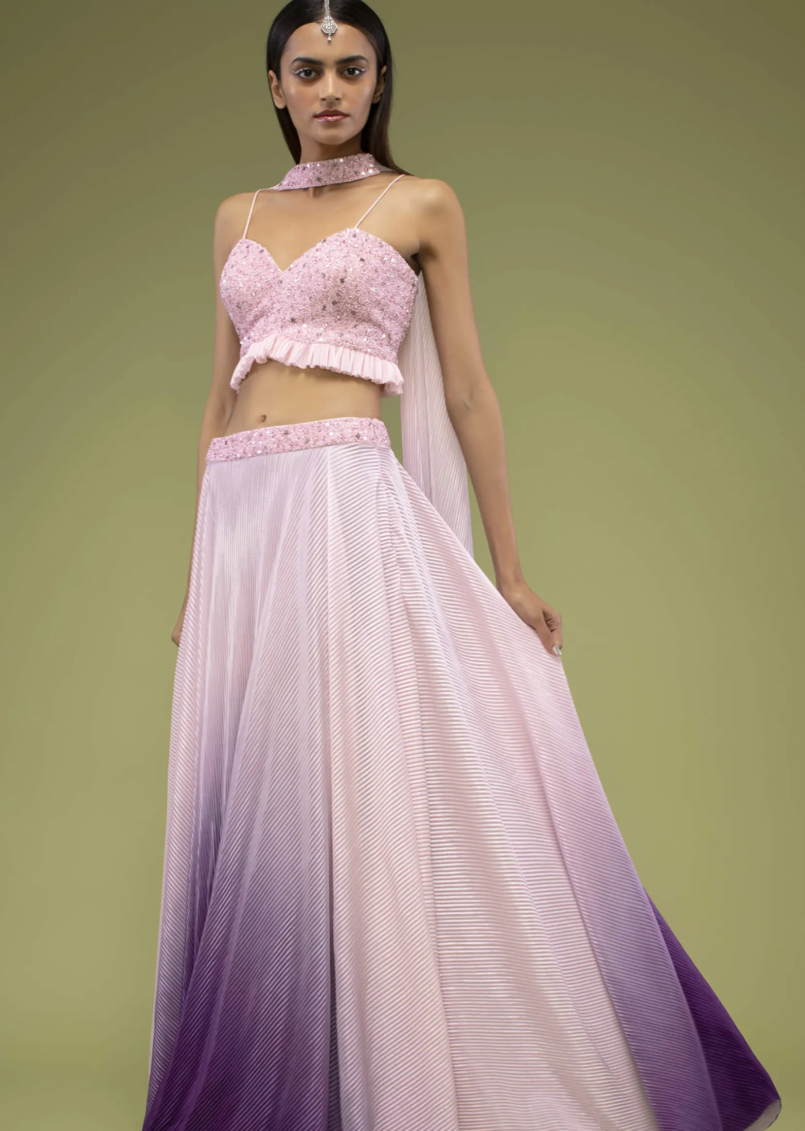 Lavender Ombre Skirt And Crop Top Set In The Crush, Paired With The Spaghetti Straps With A Sweet Heart Neckline