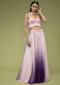 Lavender Ombre Skirt And Crop Top Set In The Crush, Paired With The Spaghetti Straps With A Sweet Heart Neckline