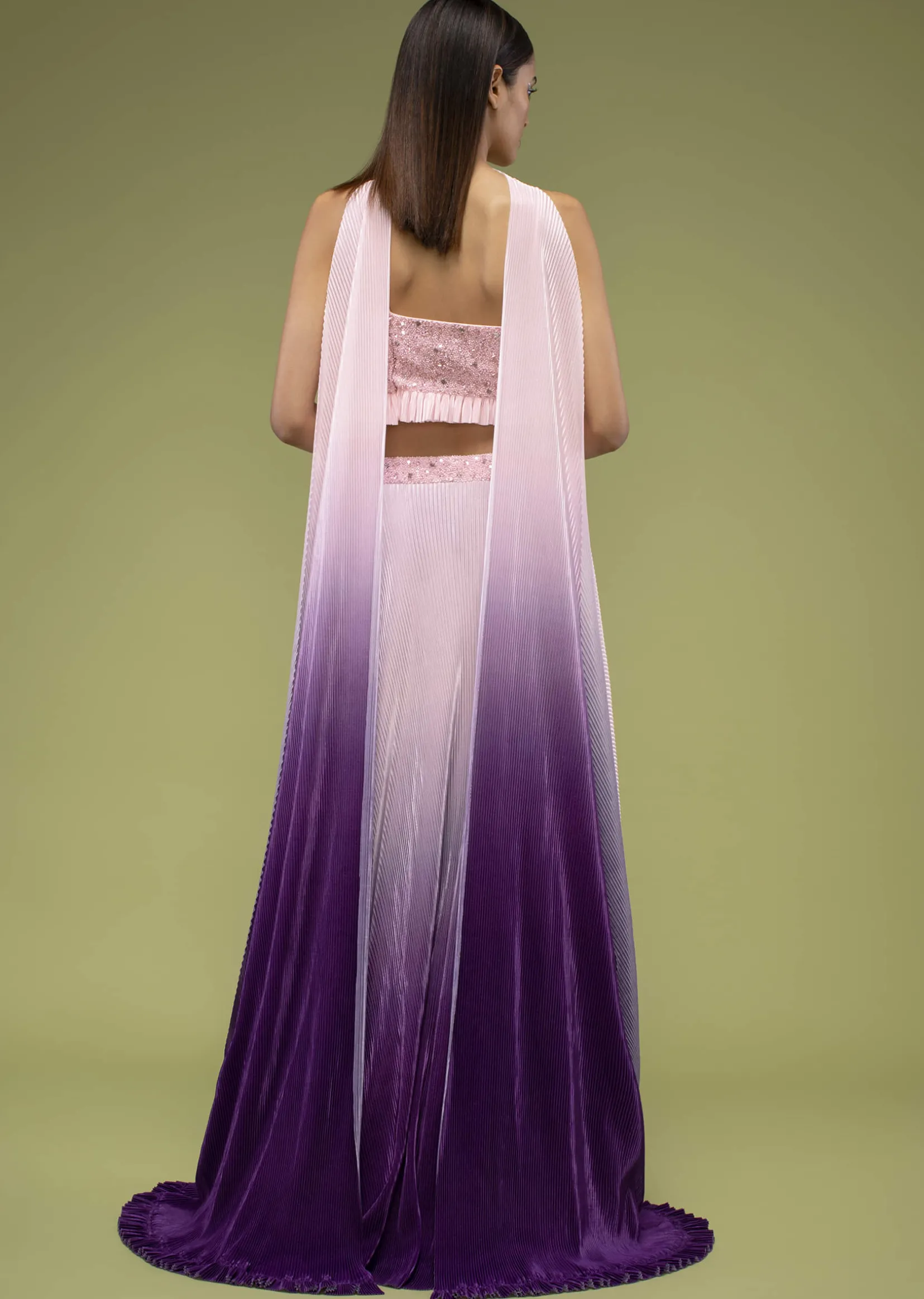 Lavender Ombre Skirt And Crop Top Set In The Crush, Paired With The Spaghetti Straps With A Sweet Heart Neckline