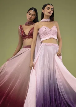 Lavender Ombre Skirt And Crop Top Set In The Crush, Paired With The Spaghetti Straps With A Sweet Heart Neckline