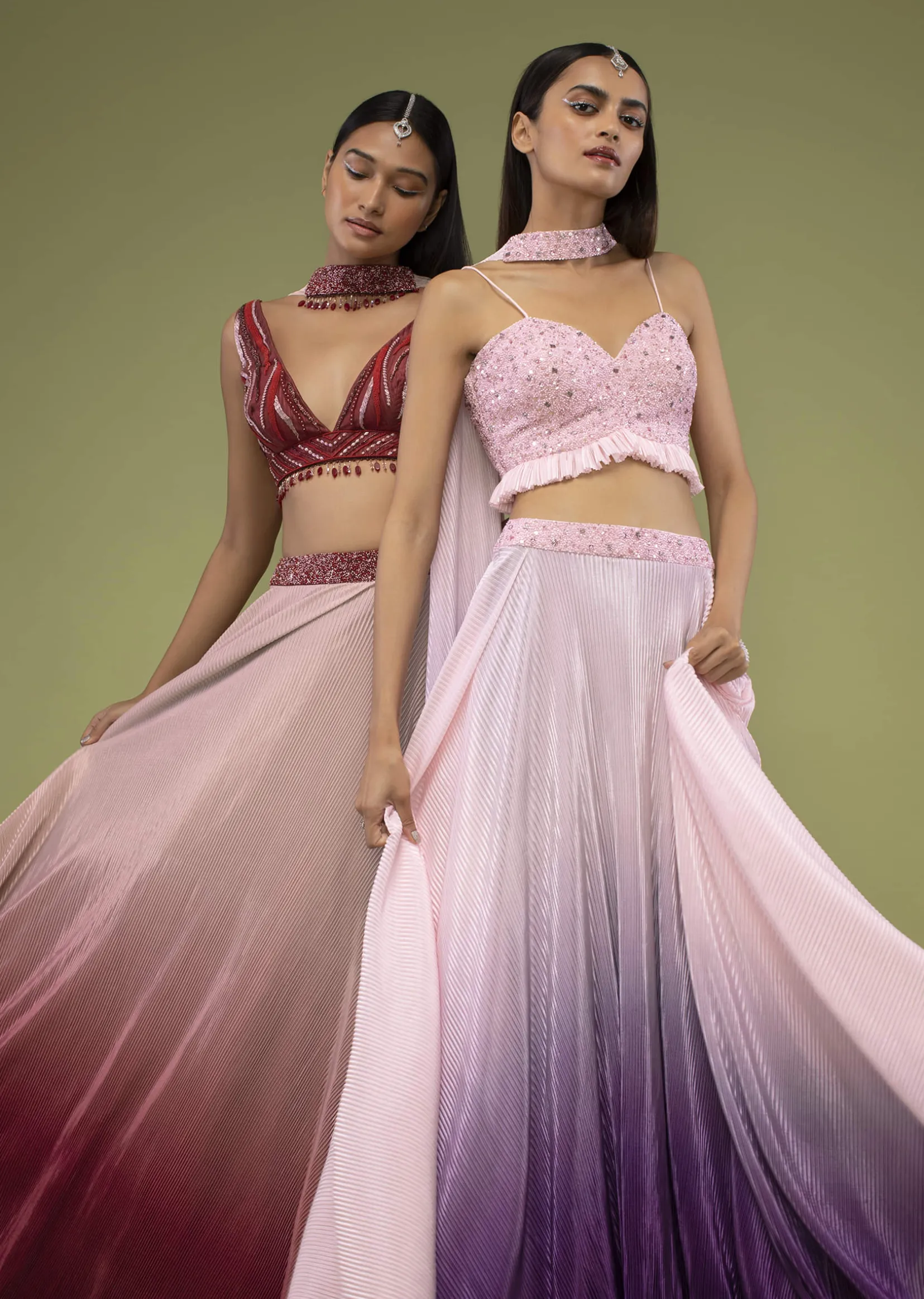 Lavender Ombre Skirt And Crop Top Set In The Crush, Paired With The Spaghetti Straps With A Sweet Heart Neckline