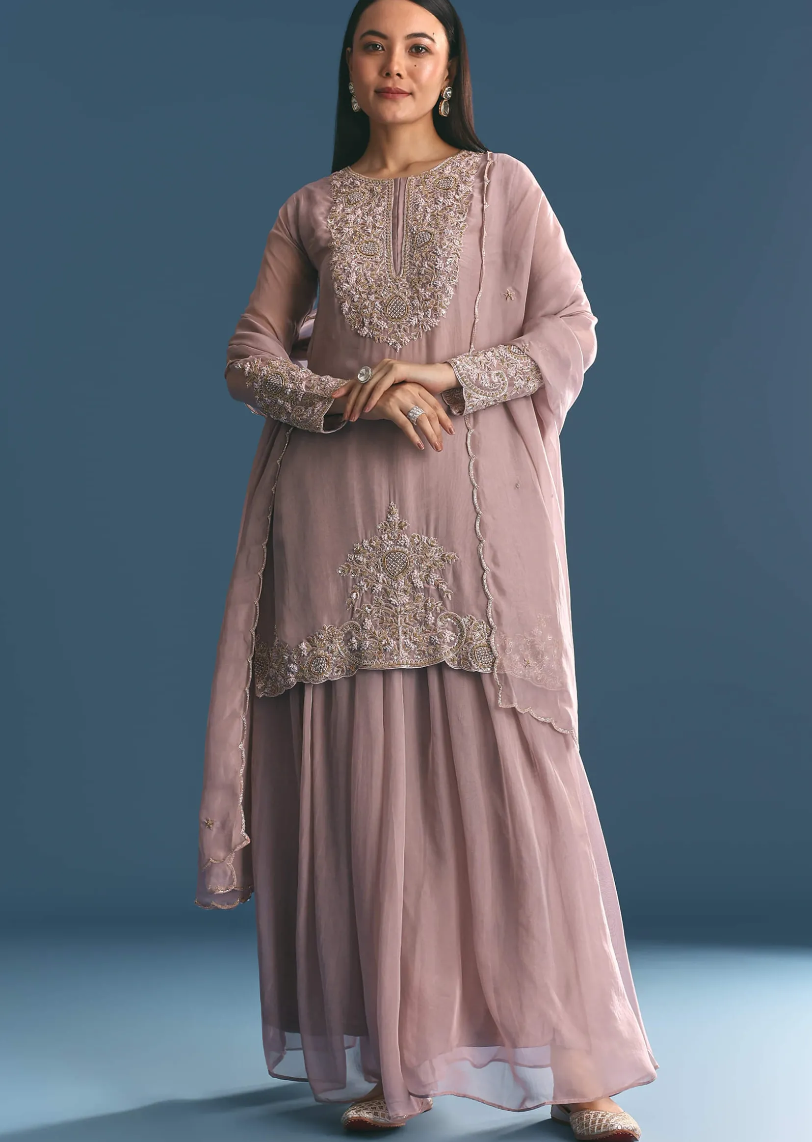 Lavender Organza Kurta Palazzo Suit With Zardosi Work