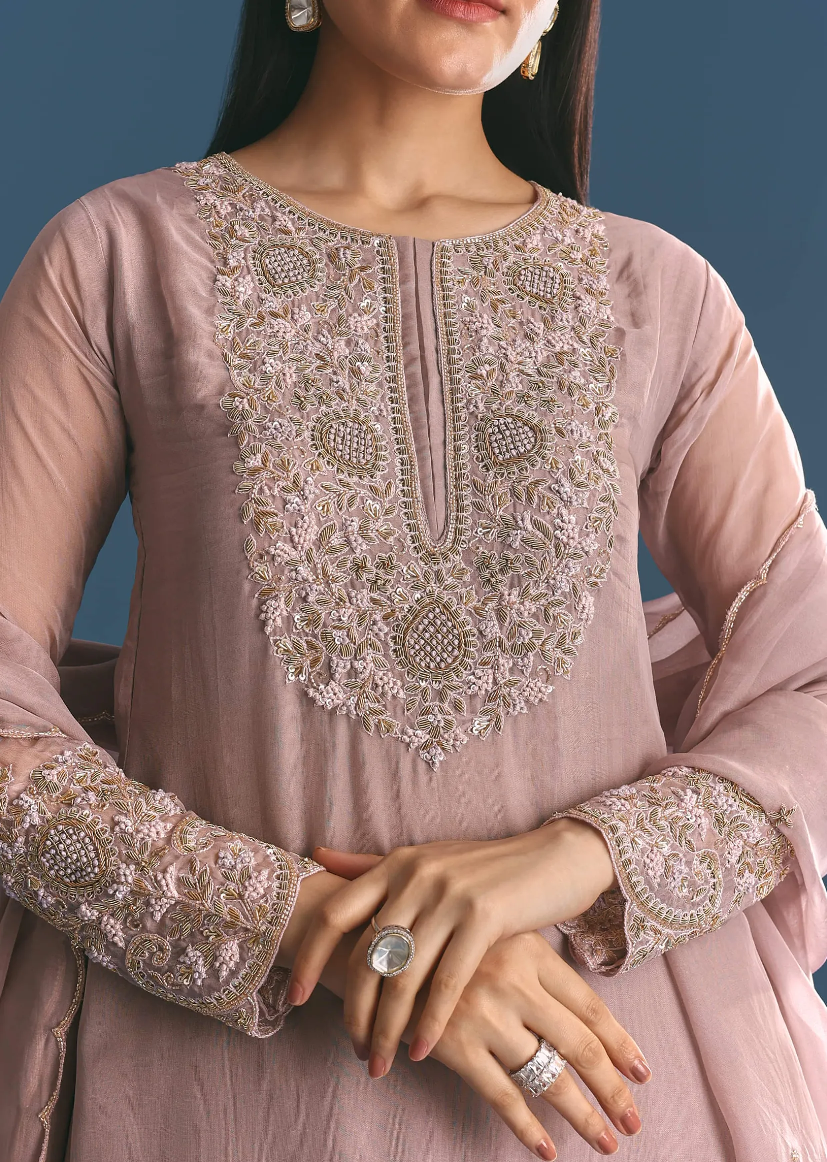 Lavender Organza Kurta Palazzo Suit With Zardosi Work