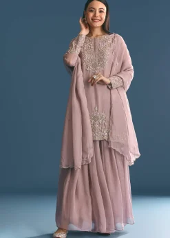 Lavender Organza Kurta Palazzo Suit With Zardosi Work